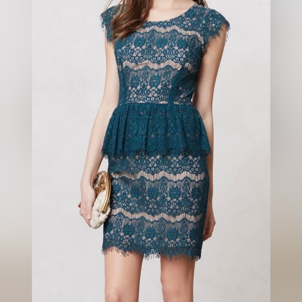 Maeve Lace Sheath Tiered Elsa Peplum Dress Size Large Green ANTHROPOLOGIE  XS